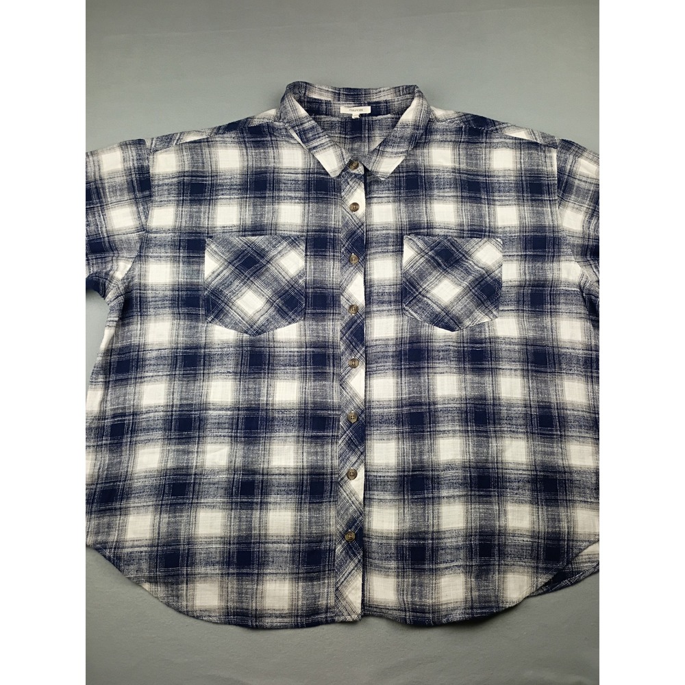 Maurices Womens 3X Navy Blue White Plaid Button Down Shirt Long Sleeve Blouse